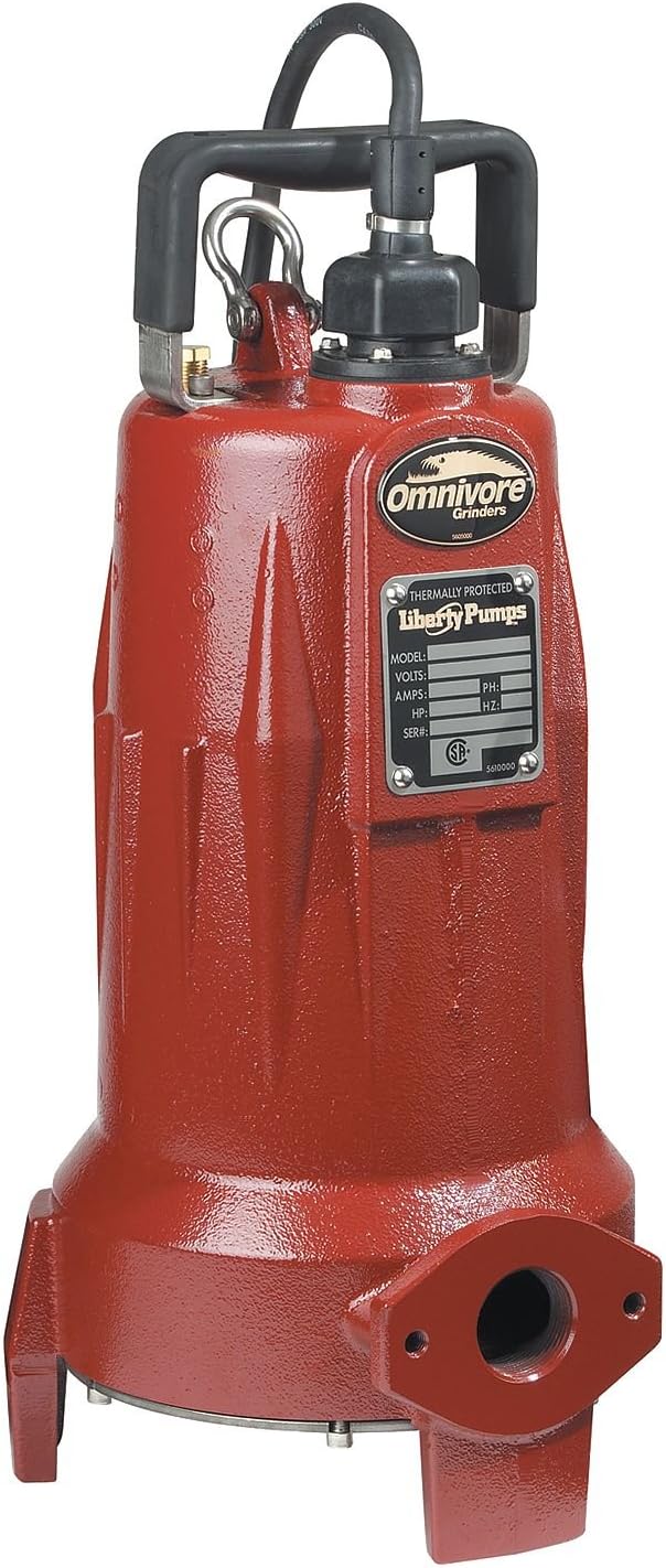 Liberty Pumps LSG202M sewage pump in red with dimensions displayed