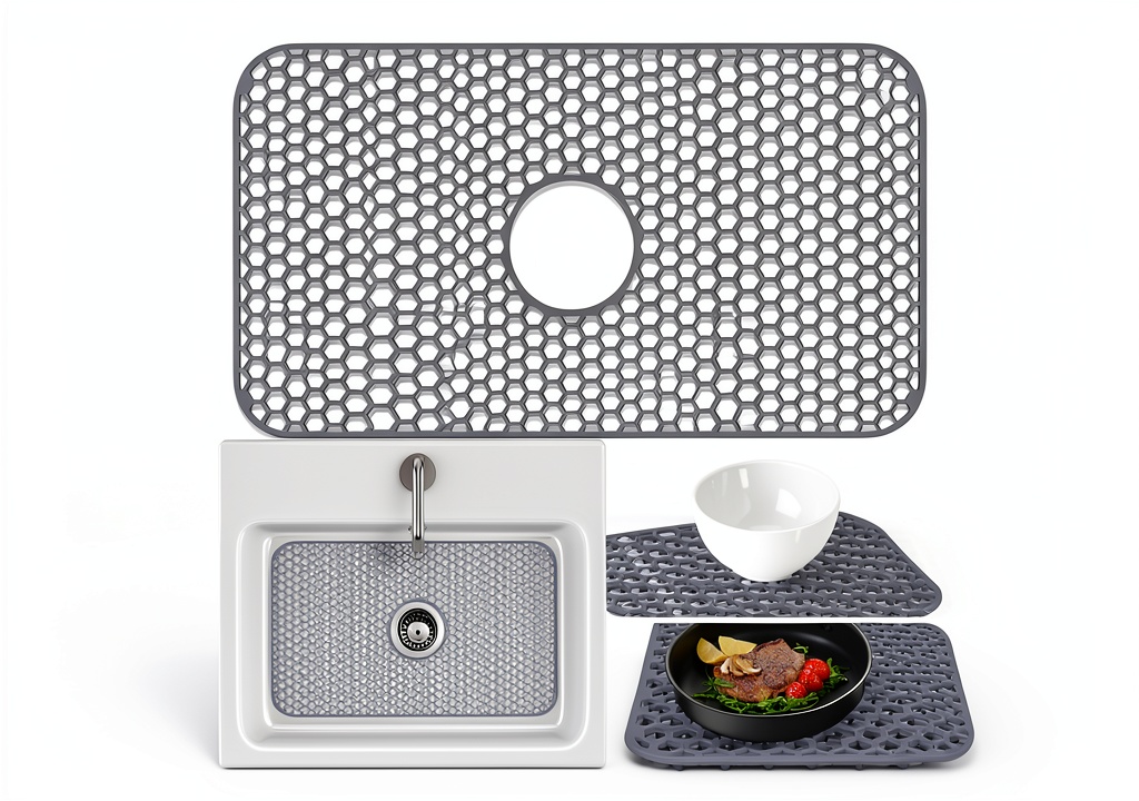 Inchoco silicone sink protector mat installed in a kitchen sink